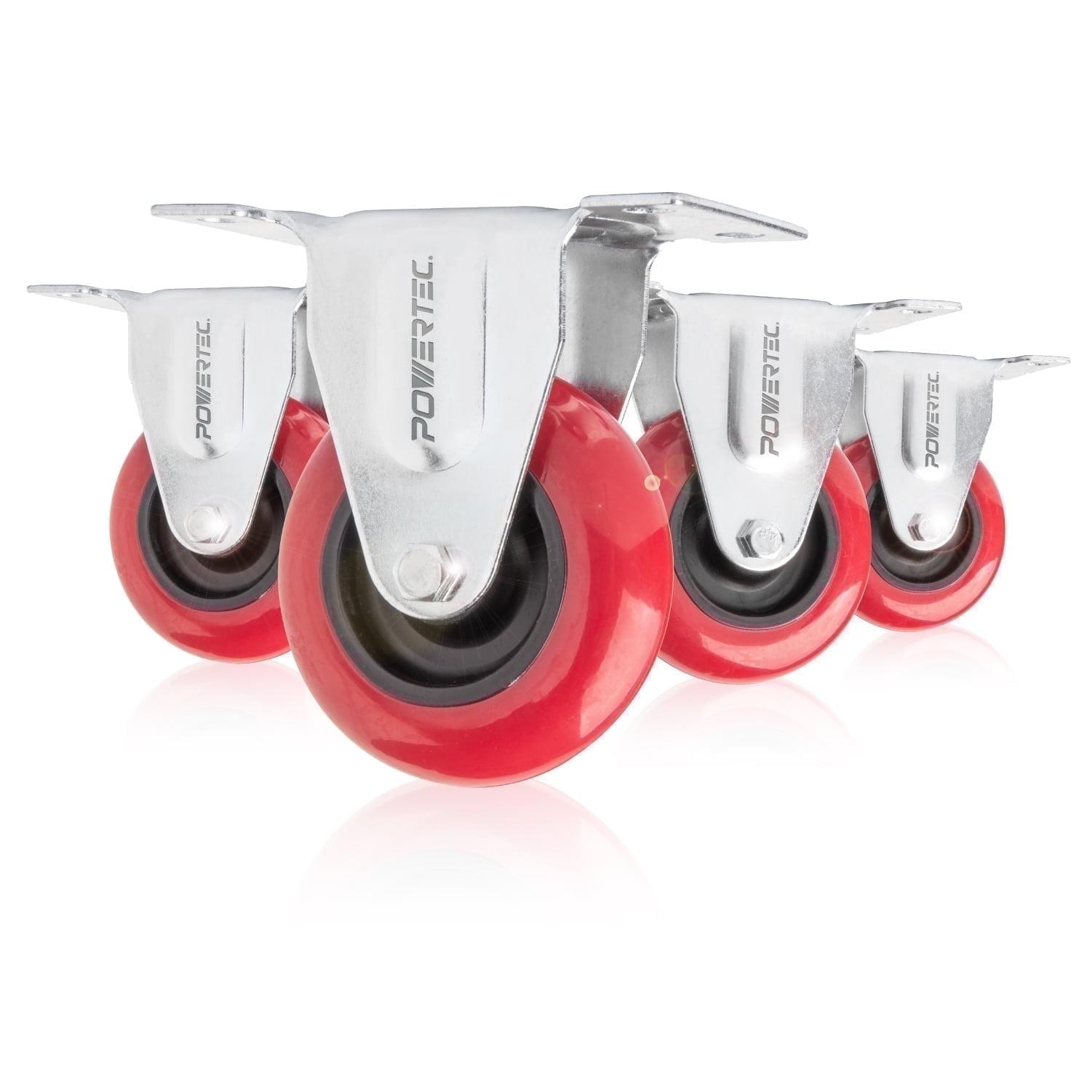 POWERTEC 4PK 3 inch Fixed Caster Wheels with 640 lbs Loads, Heavy Duty Plate Casters, Rigid Fixed Rubber Castor Wheels for Furniture, Cart, Dolly and Workbenches, 17207