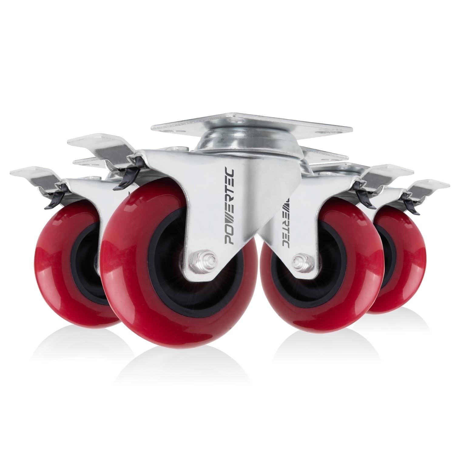 POWERTEC 3-Inch Red Polyurethane Swivel Plate Casters with Brake, Set of 4