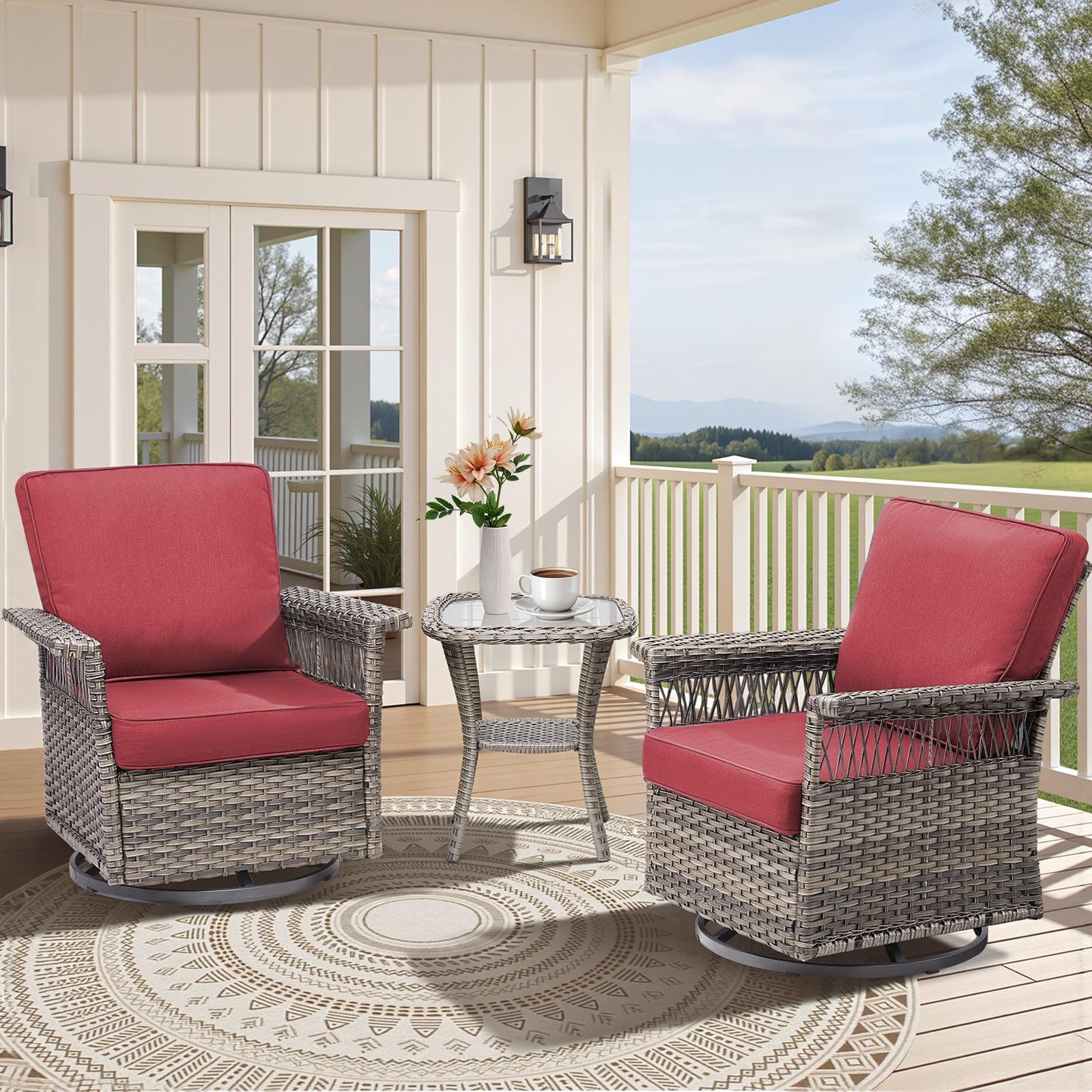 MRUAKA 3 Pieces Patio Furniture Set, Outdoor Swivel Gliders Rocker, Wicker Patio Bistro Set with Rattan Rocking Chair, Glass Top Side Table and Thickened Cushions for Porch Deck Backyard(Red)
