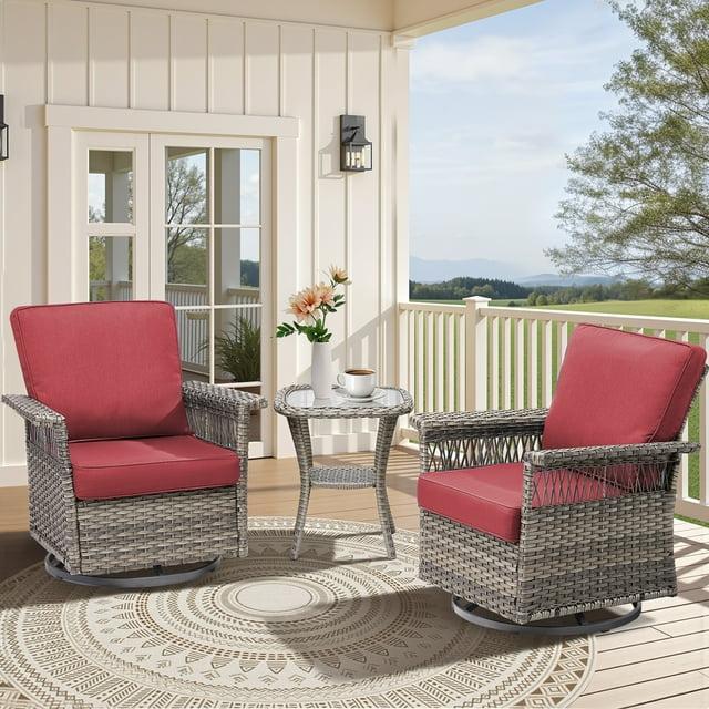 MRUAKA 3 Pieces Patio Furniture Set, Outdoor Swivel Gliders Rocker, Wicker Patio Bistro Set with Rattan Rocking Chair, Glass Top Side Table and Thickened Cushions for Porch Deck Backyard(Red)