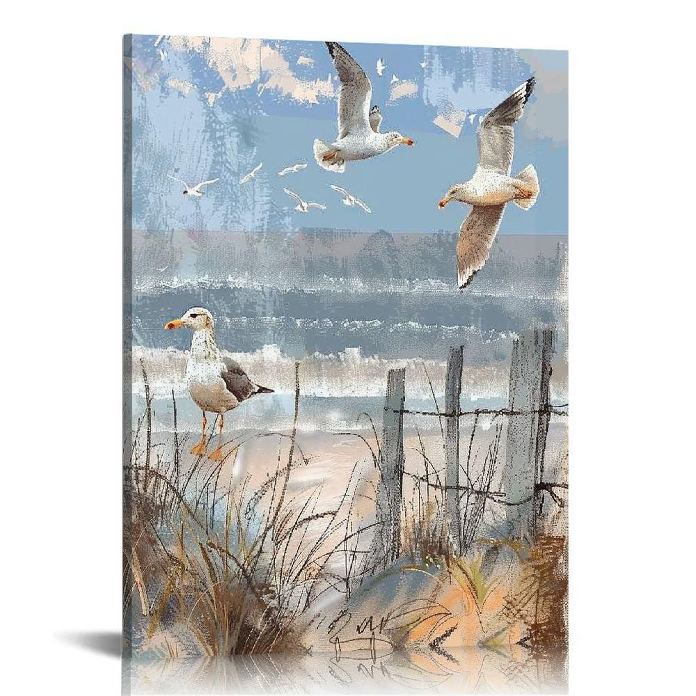 ARTZON Beach Wall Art Bathroom Decor Ocean Theme Canvas Print Coastal Painting Perching Bird by The Sea Shore Abstract Seascape Picture Framed Artwork for Bedroom Living Room Office Ready to Hang 12x16inch