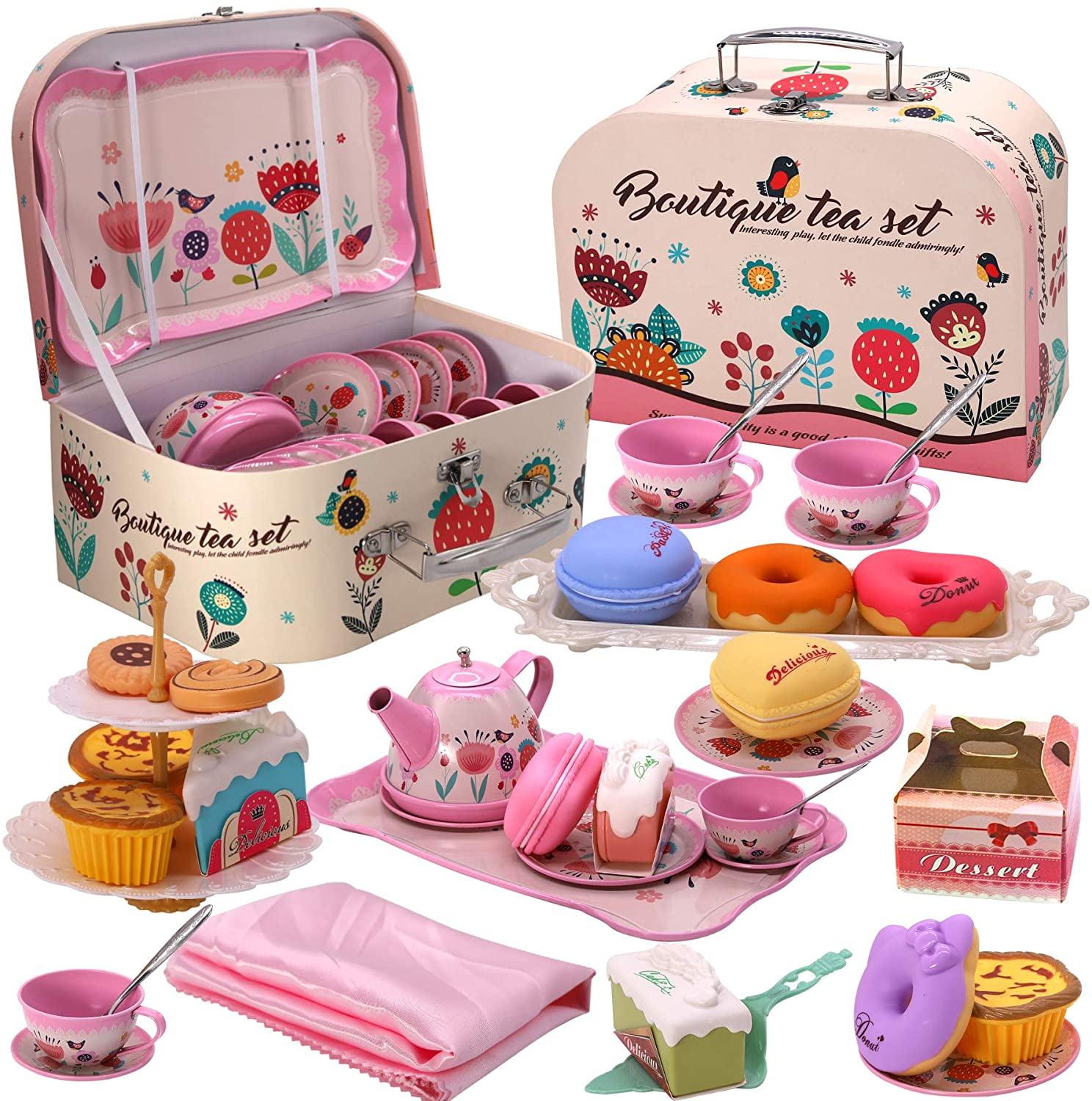 Pink Floral Kids Tea Party Set with Desserts and Case