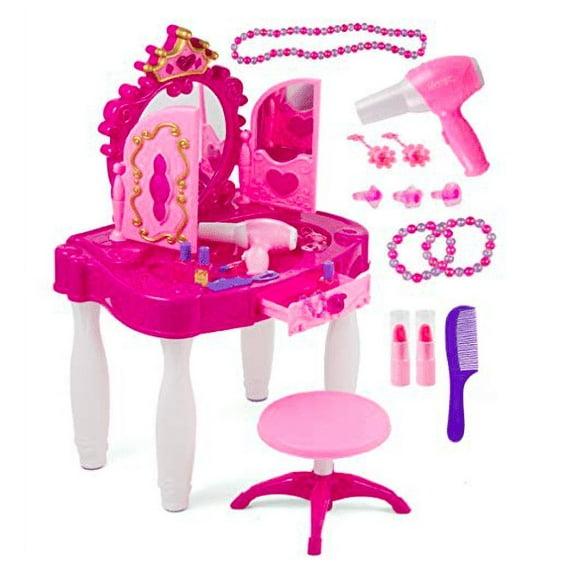 PREXTEX Kids Makeup Table with Mirror and Chair Princess Play Set, with Light and Sound Effects
