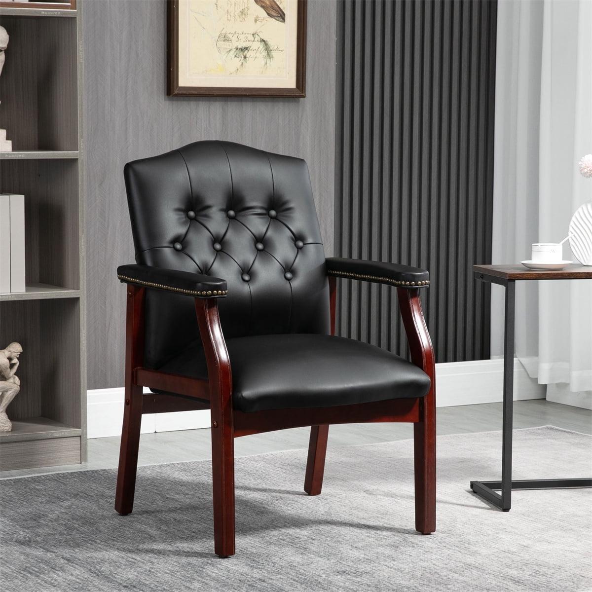 Black Leather Executive Reception Chair with Mahogany Wood Frame