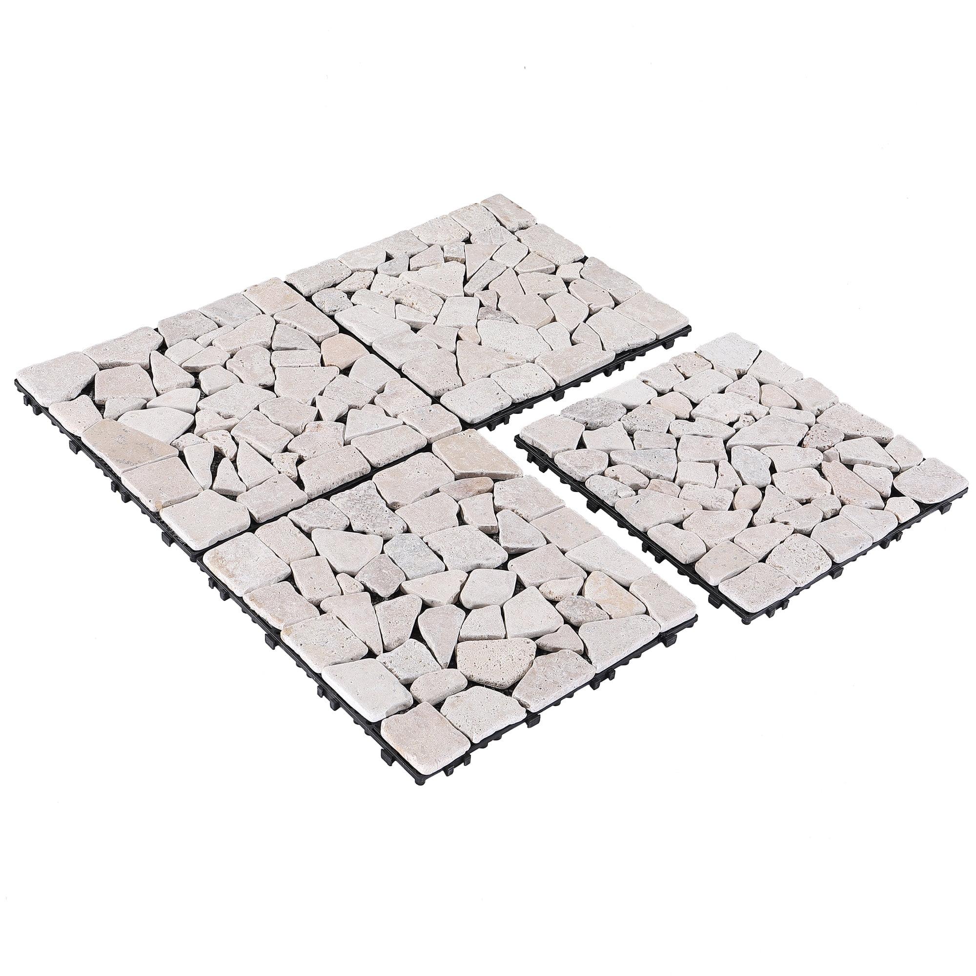 PURE ERA 12" x 12 "4pcs Natural Hole Stones Interlocking Decking Tile Set Indoor Outdoor Floor Patio Pathway Ground Coverings (Pack of 4, Sliced Tan/Light Beige)