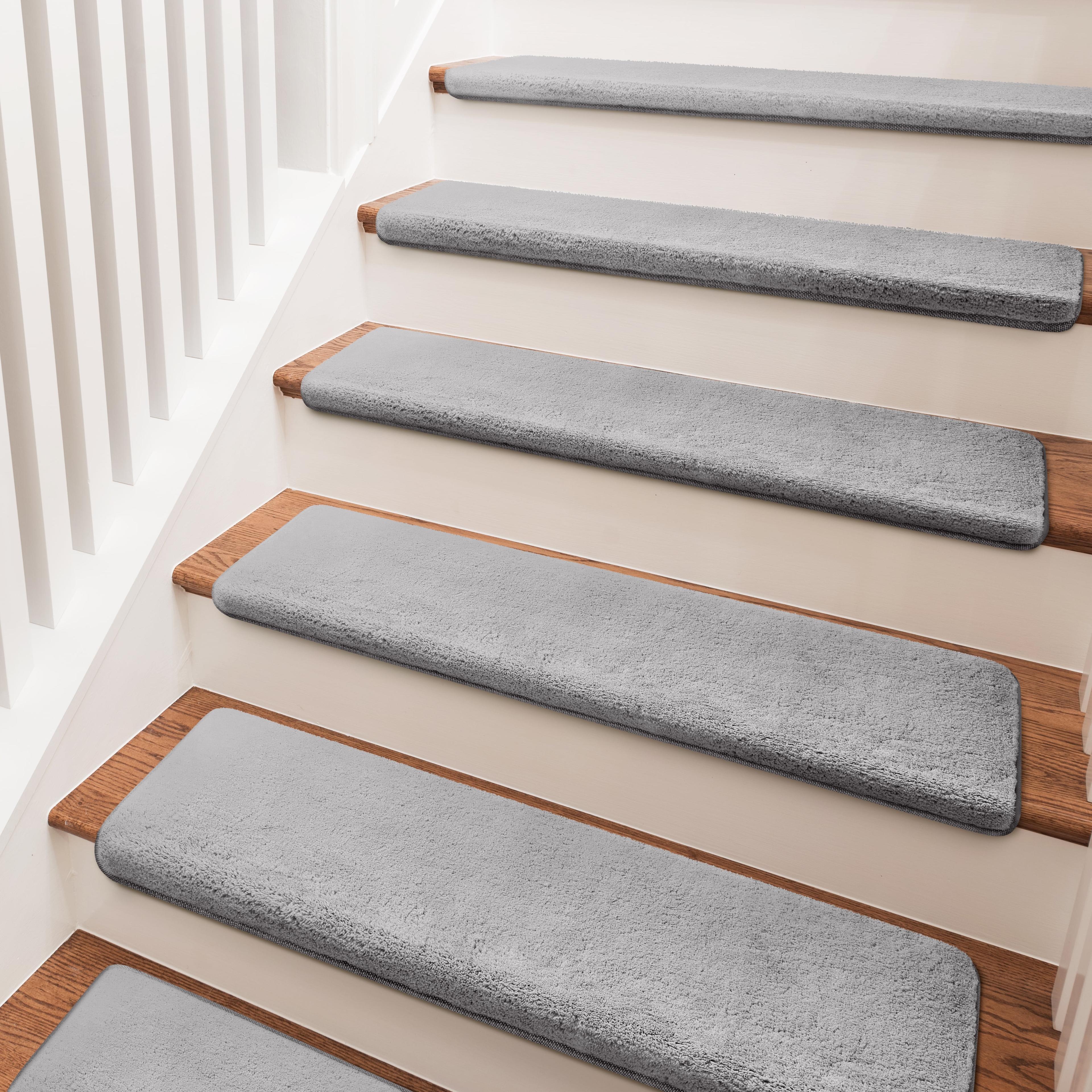 PURE ERA Bullnose Soft Plush Carpet Stair Treads Wooden Steps Rugs Self Adhesive Non-slip 9.5" x 30"x1.2" (Set of 7, Gray)