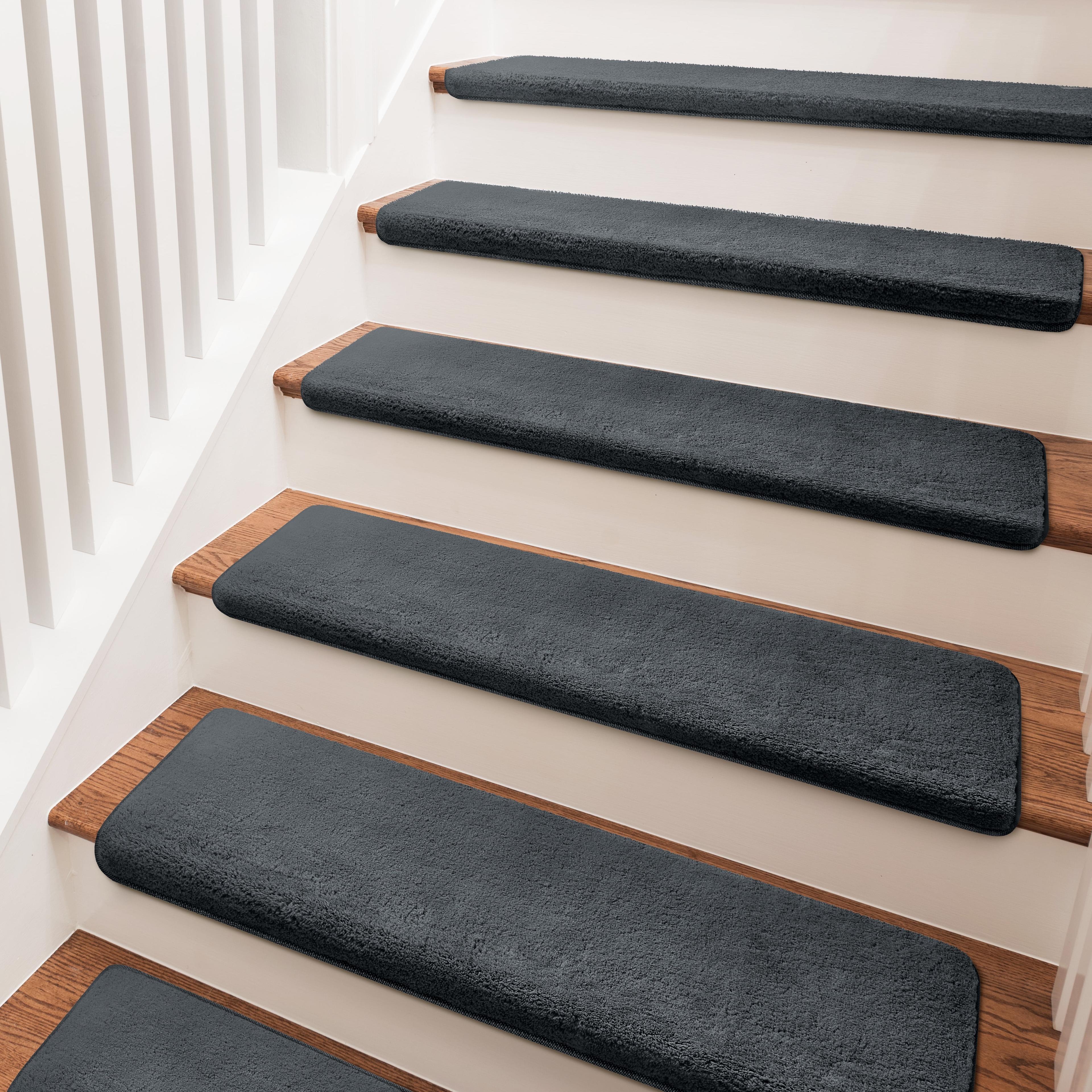 PURE ERA Non-Slip Ultra Plush Soft Bullnose Carpet Stair Treads Set of 14 Tape Free Washable Self Adhesive Dark Grey 9.5" x 30"x1.2"