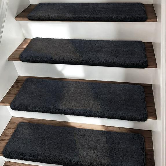 PURE ERA Non-Slip Ultra Plush Soft Bullnose Carpet Stair Treads Set of 14 Tape Free Washable Self Adhesive Dark Grey 9.5" x 30"x1.2"