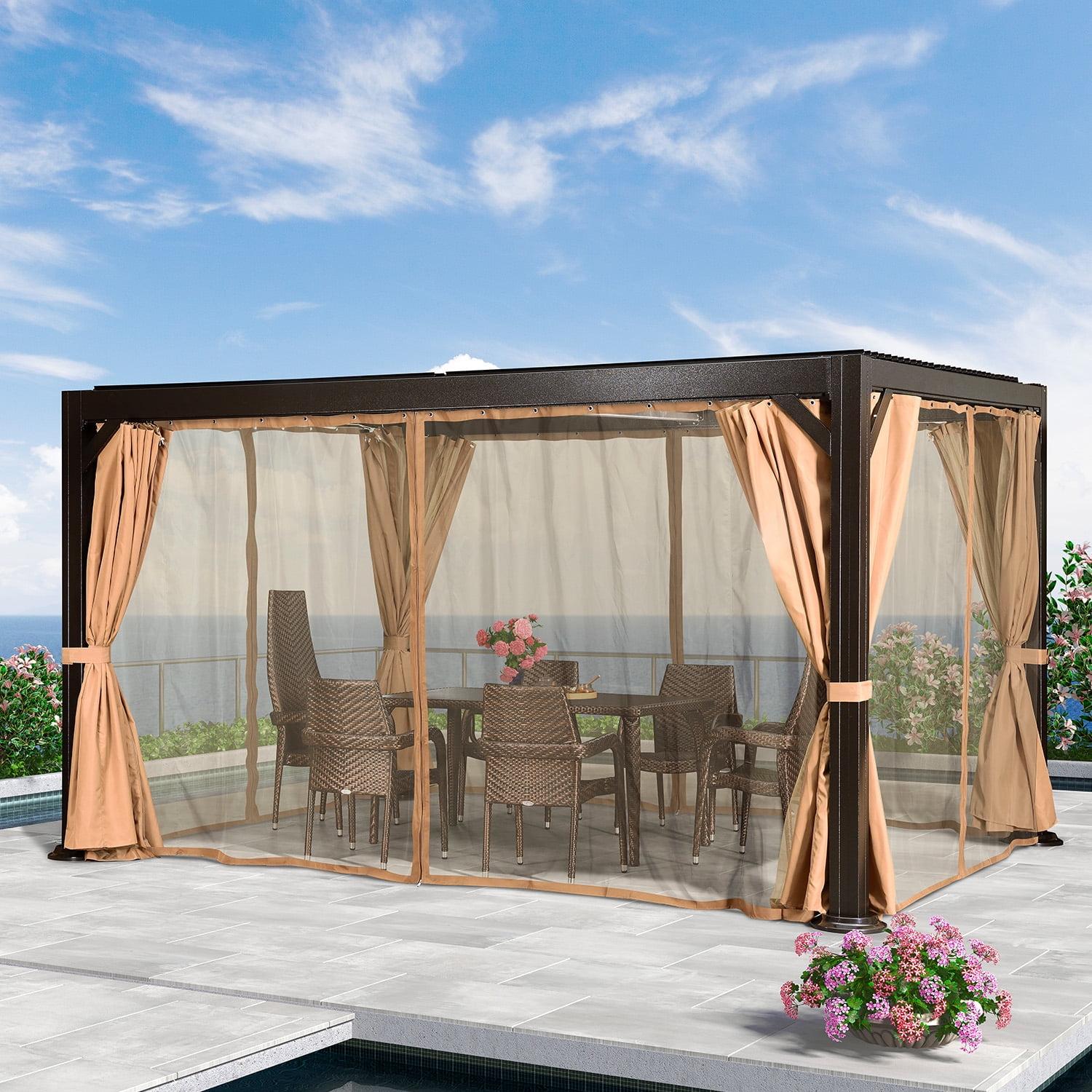 Bronze 10' x 13' Outdoor Louvered Pergola with Curtains and Netting