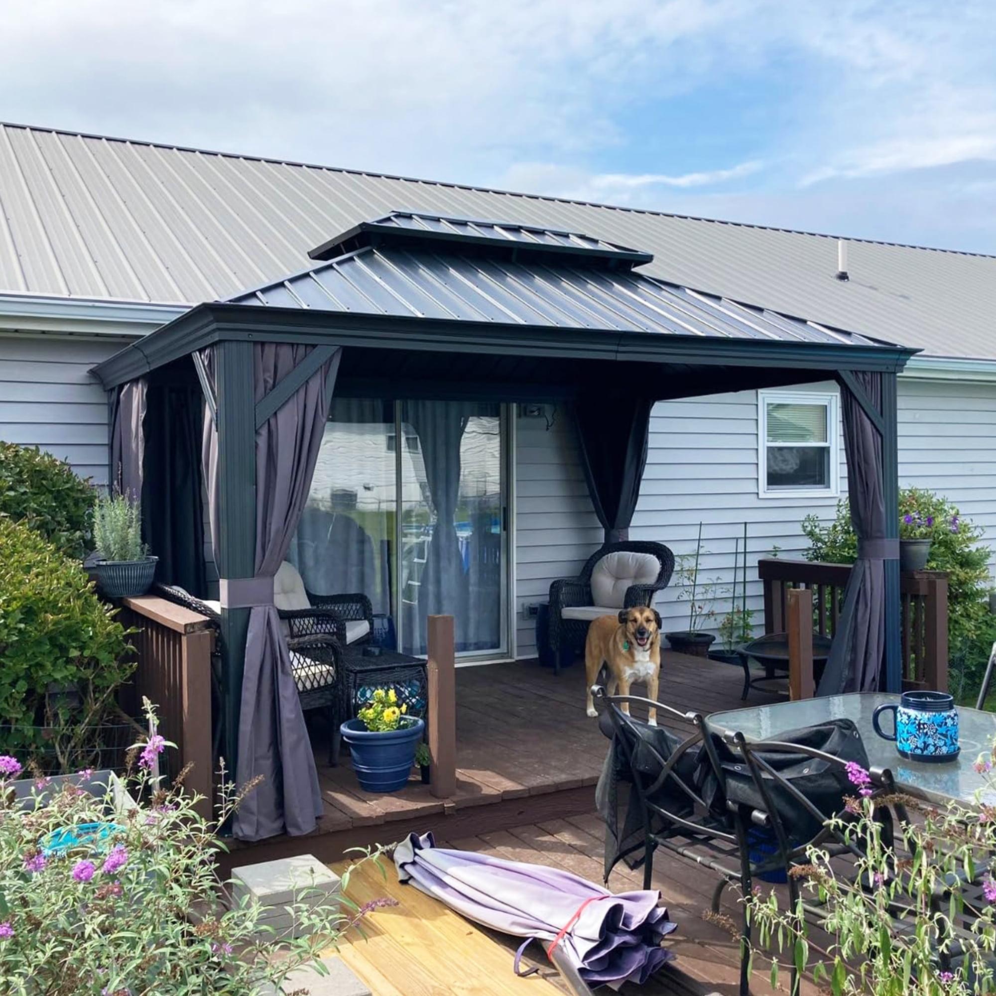 Gray 10' x 13' Aluminum Frame Hardtop Gazebo with Curtains