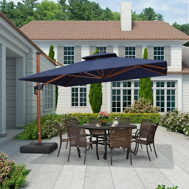 PURPLE LEAF 11FT Deluxe Square Wood Grain Patio Umbrella, Large Offset Cantilever Umbrella with 360° Rotation, Navy Blue