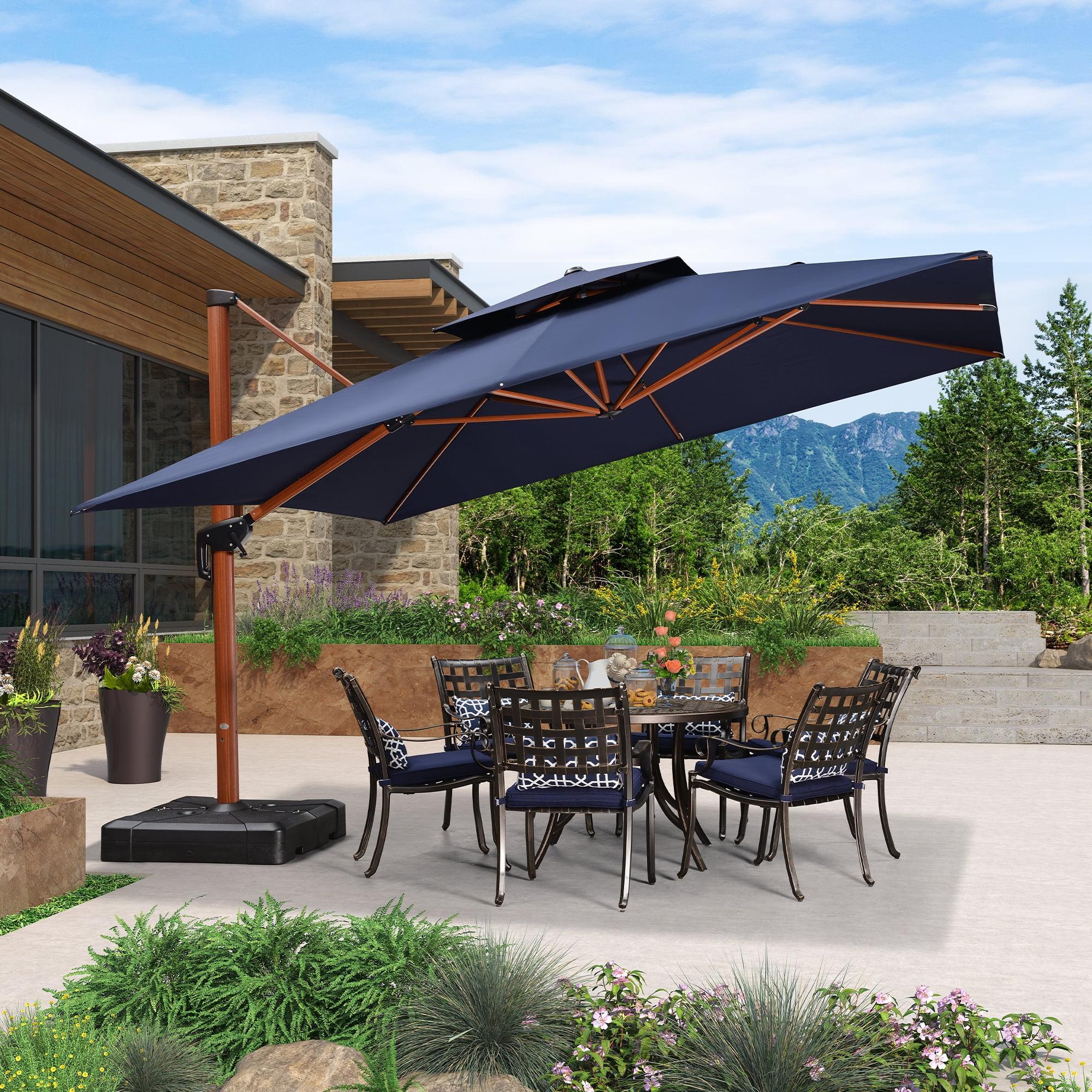 PURPLE LEAF 12FT Deluxe Square Wood Grain Patio Umbrella, Large Offset Cantilever Umbrella with 360° Rotation, Navy Blue