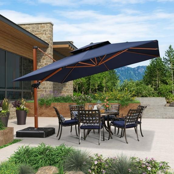 PURPLE LEAF 12FT Deluxe Square Wood Grain Patio Umbrella, Large Offset Cantilever Umbrella with 360° Rotation, Navy Blue