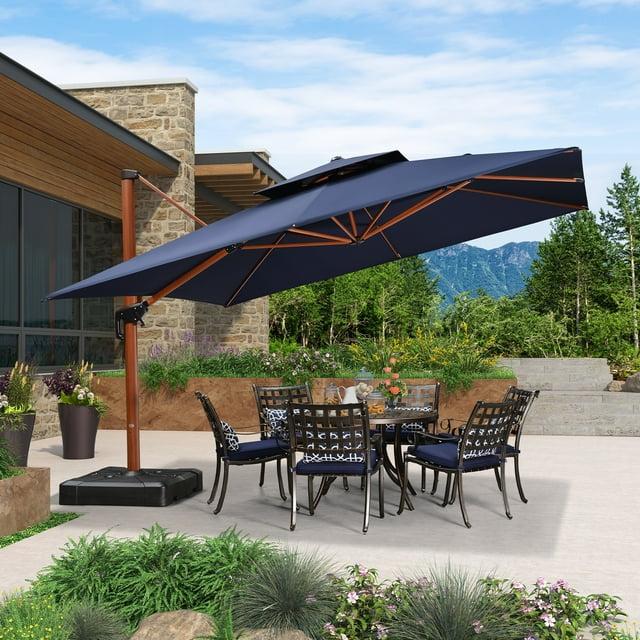 PURPLE LEAF 12FT Deluxe Square Wood Grain Patio Umbrella, Large Offset Cantilever Umbrella with 360° Rotation, Navy Blue