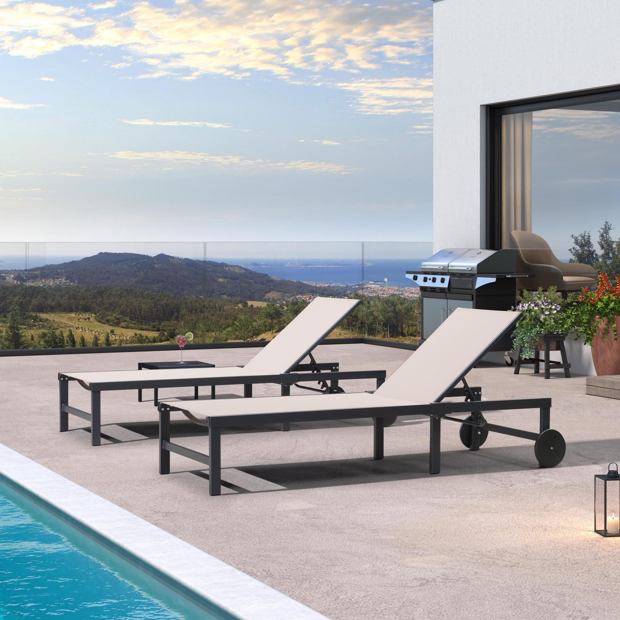 PURPLE LEAF Outdoor Chaise Lounge with Wheels for Outside 2 Pieces Aluminum Patio Lounge Chair with 5 Adjustable Position Recliner for Patio, Beach, Yard, Pool, Side Table Included, Beige