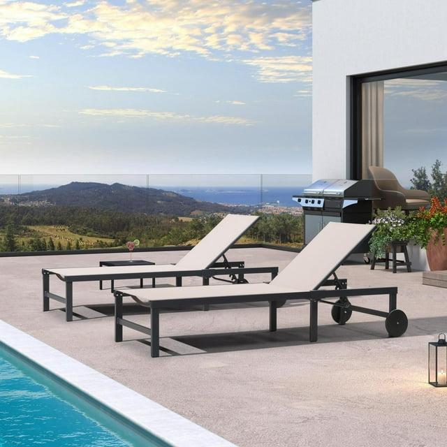PURPLE LEAF Outdoor Chaise Lounge with Wheels for Outside 2 Pieces Aluminum Patio Lounge Chair with 5 Adjustable Position Recliner for Patio, Beach, Yard, Pool, Side Table Included, Beige