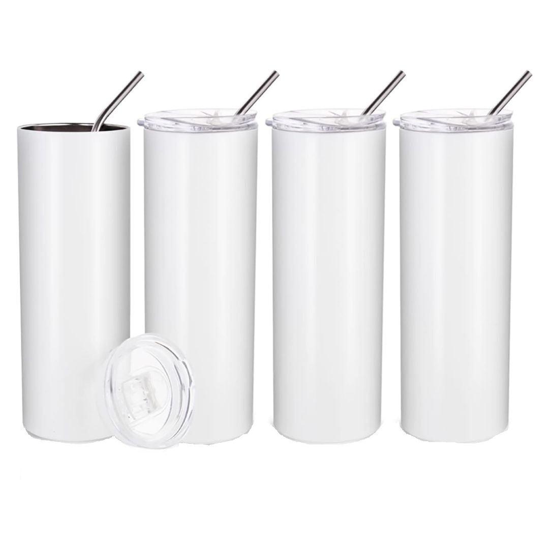 PYD Life Skinny 20 Oz Straight Stainless Steel White Tumbler with Metal Straw for Heat Press Machine (4-Pack)