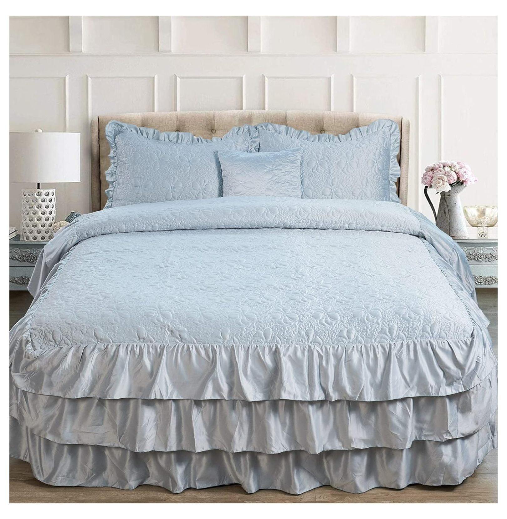 Light Blue Reversible Microfiber Queen Bedspread Set