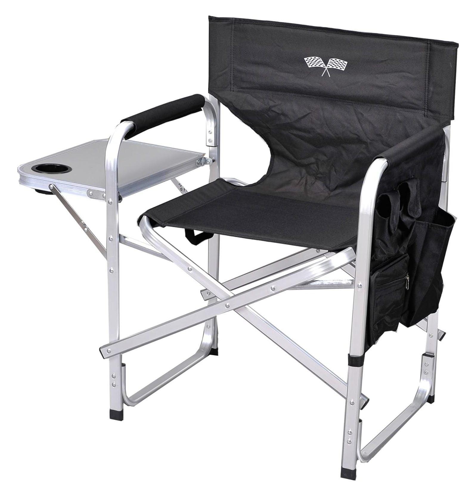 Compact Black Aluminum Director's Chair with Cushions and Side Table