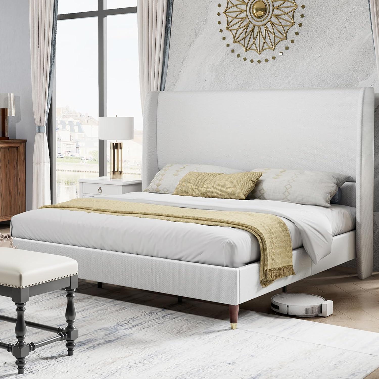 King White Linen Upholstered Platform Bed with High Tufted Headboard