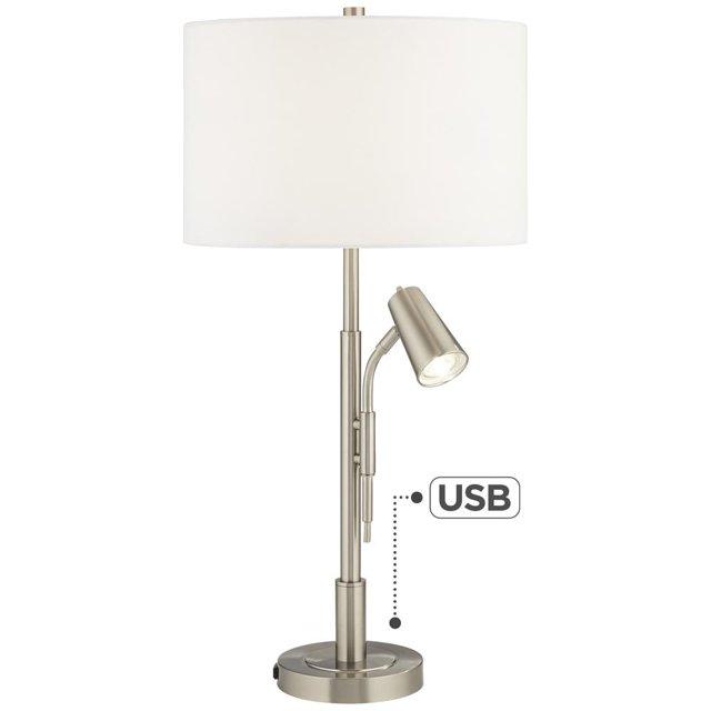 Pacific Coast Lighting 32" Tall Large Modern End Table Lamp with Side Reading Light Silver Brushed Nickel Finish Metal Single Living Room Bedroom