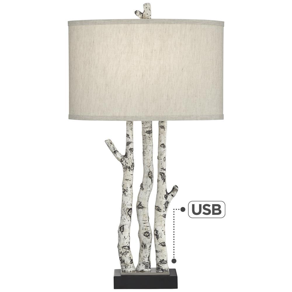 Rustic White Birch Branch Table Lamp with Gray Linen Shade