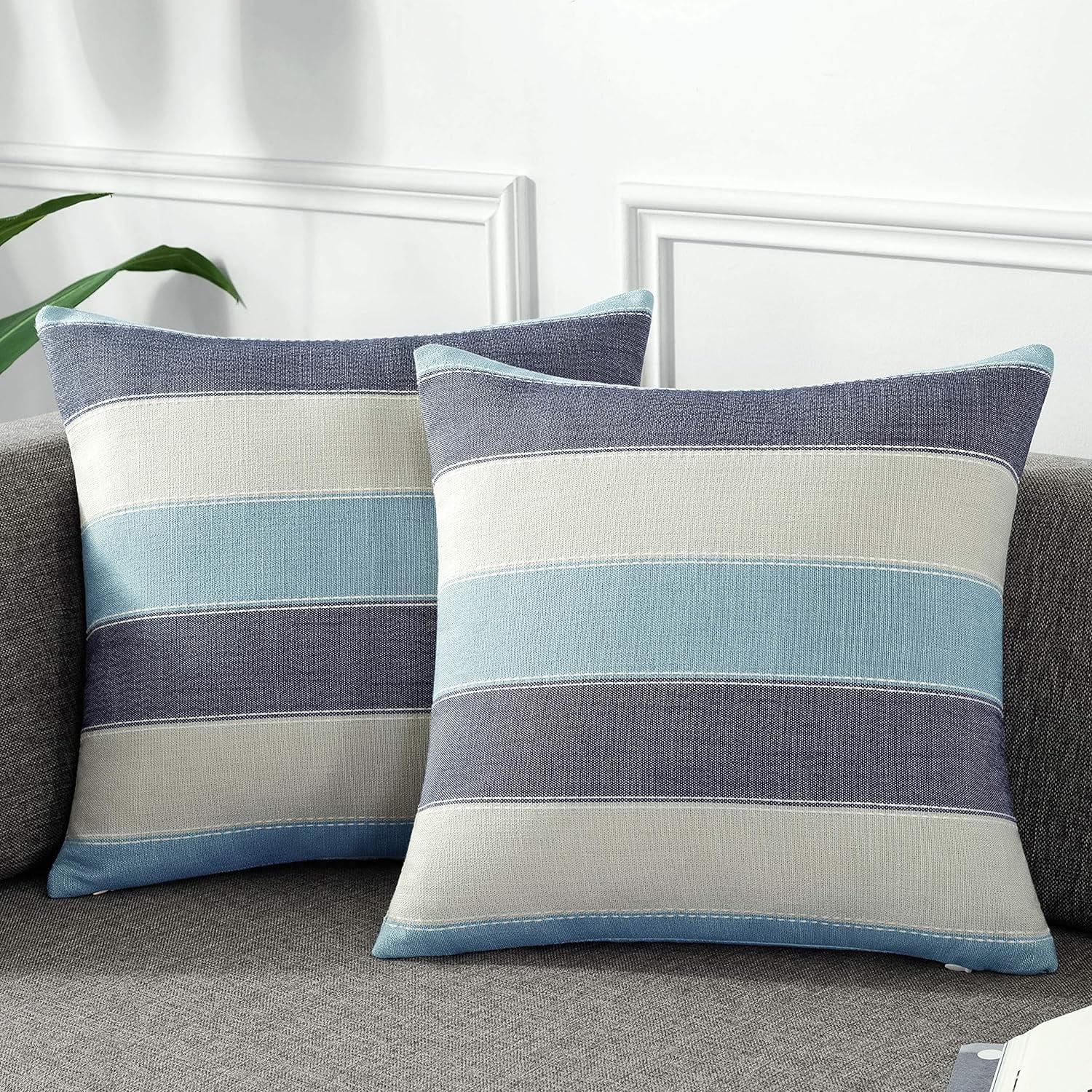 Pack of 2 Farmhouse Stripe Check Throw Pillow Covers Set Case Cotton Linen Decorative Pillowcases Cushion Cover for Couch Bench Sofa 18x18Inch Teal Blue