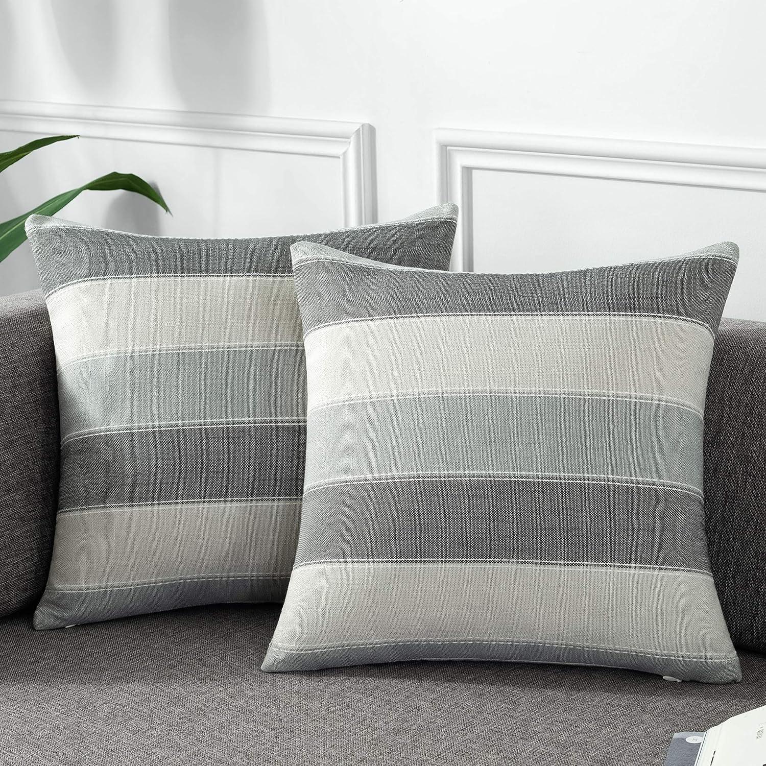 Pack of 2 Farmhouse Stripe Check Throw Pillow Covers Set Case Cotton Linen Decorative Pillowcases Cushion Cover for Couch Bench Sofa 18x18Inch Dark Grey Beige