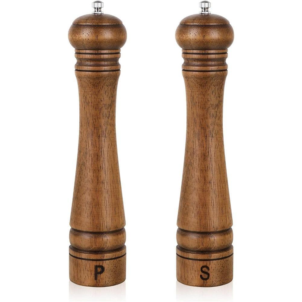 10-Inch Oak Wood Salt and Pepper Grinder Set with Adjustable Ceramic Rotor