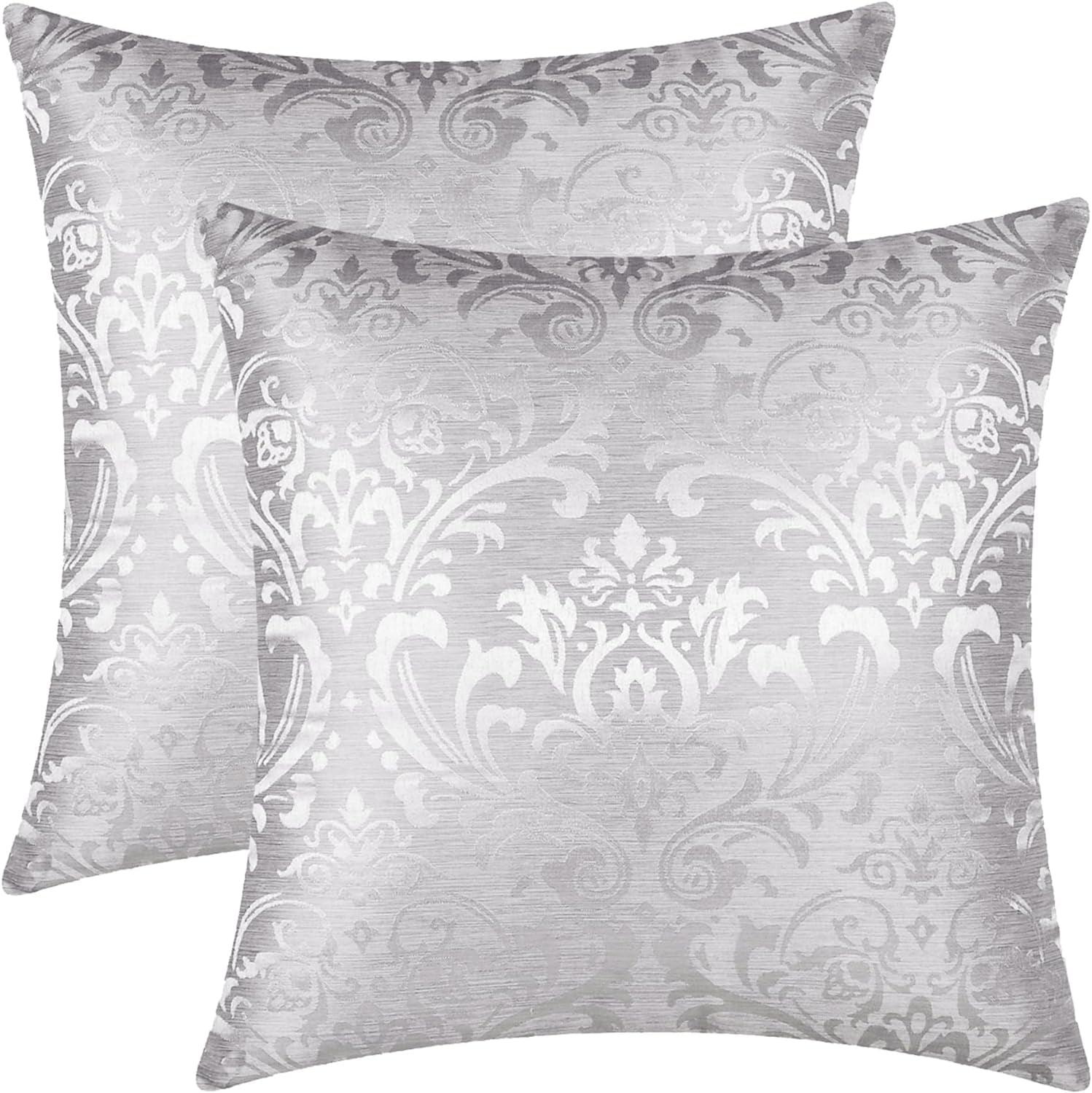 Pack of 2 Throw Pillow Covers Cases for Couch Sofa Home Decoration Vintage Damask Floral Shining & Dull Contrast 18 X 18 Inches Silver Gray