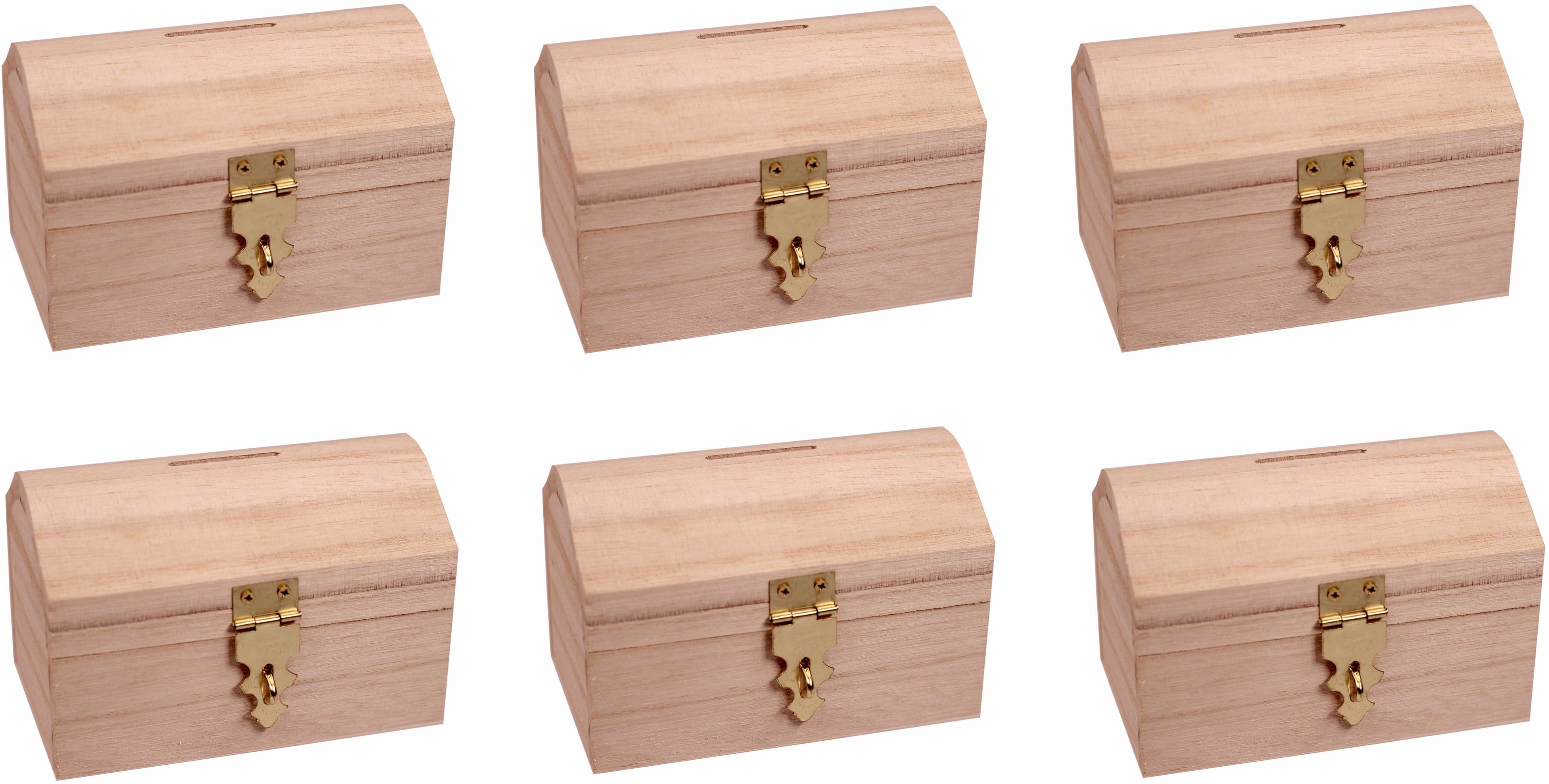 Pack of 6 Ready to Decorate Wood Treasure Chest Box Savings Bank with Coin Slot, Hinged Lid and Lockable Front Clasp, DIY Craft