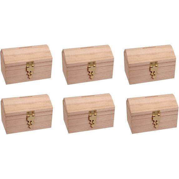 Pack of 6 Ready to Decorate Wood Treasure Chest Box Savings Bank with Coin Slot, Hinged Lid and Lockable Front Clasp, DIY Craft