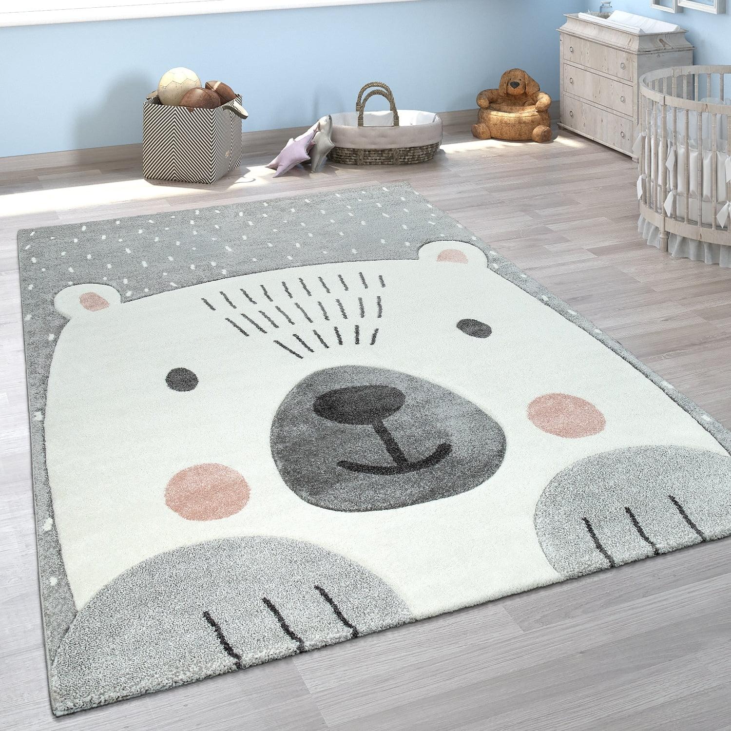 Gray and White Kids Rectangular Bear Area Rug 6'7" x 9'6"