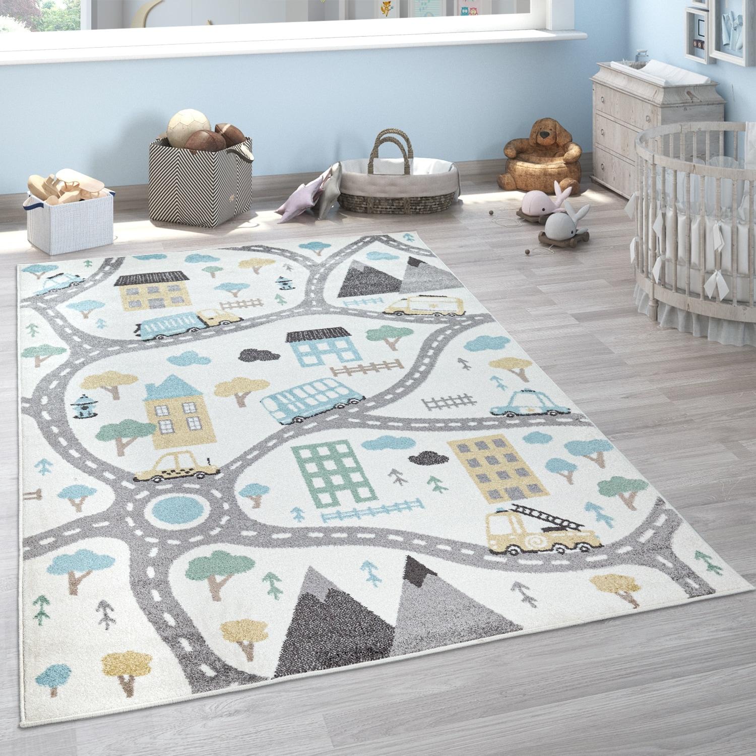 Paco Home Nursery Rug With Streets Cars And Trees Motif In Pastel Colors