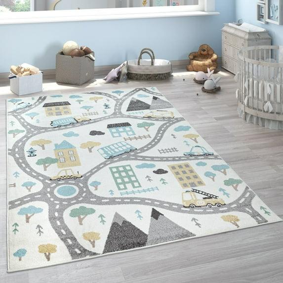 Paco Home Nursery Rug With Streets Cars And Trees Motif In Pastel Colors