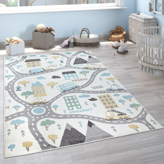 Paco Home Nursery Rug With Streets Cars And Trees Motif In Pastel Colors