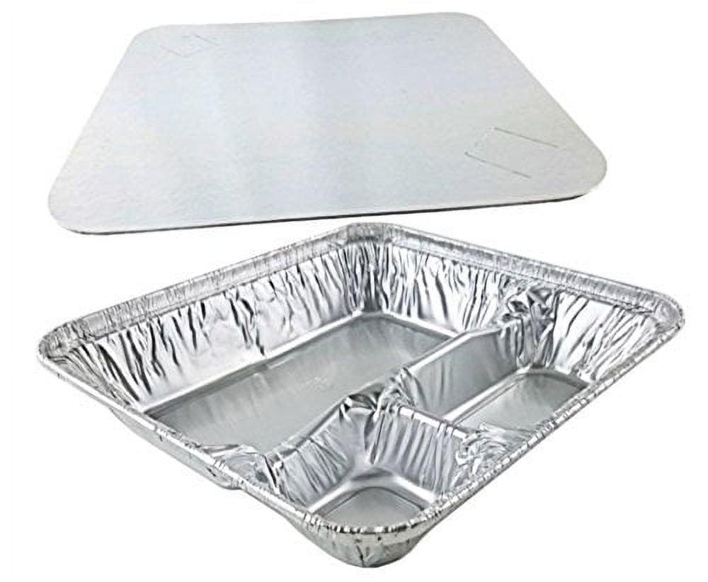 Large Aluminum 3-Compartment Oblong Take-Out Pans with Lids, Pack of 10