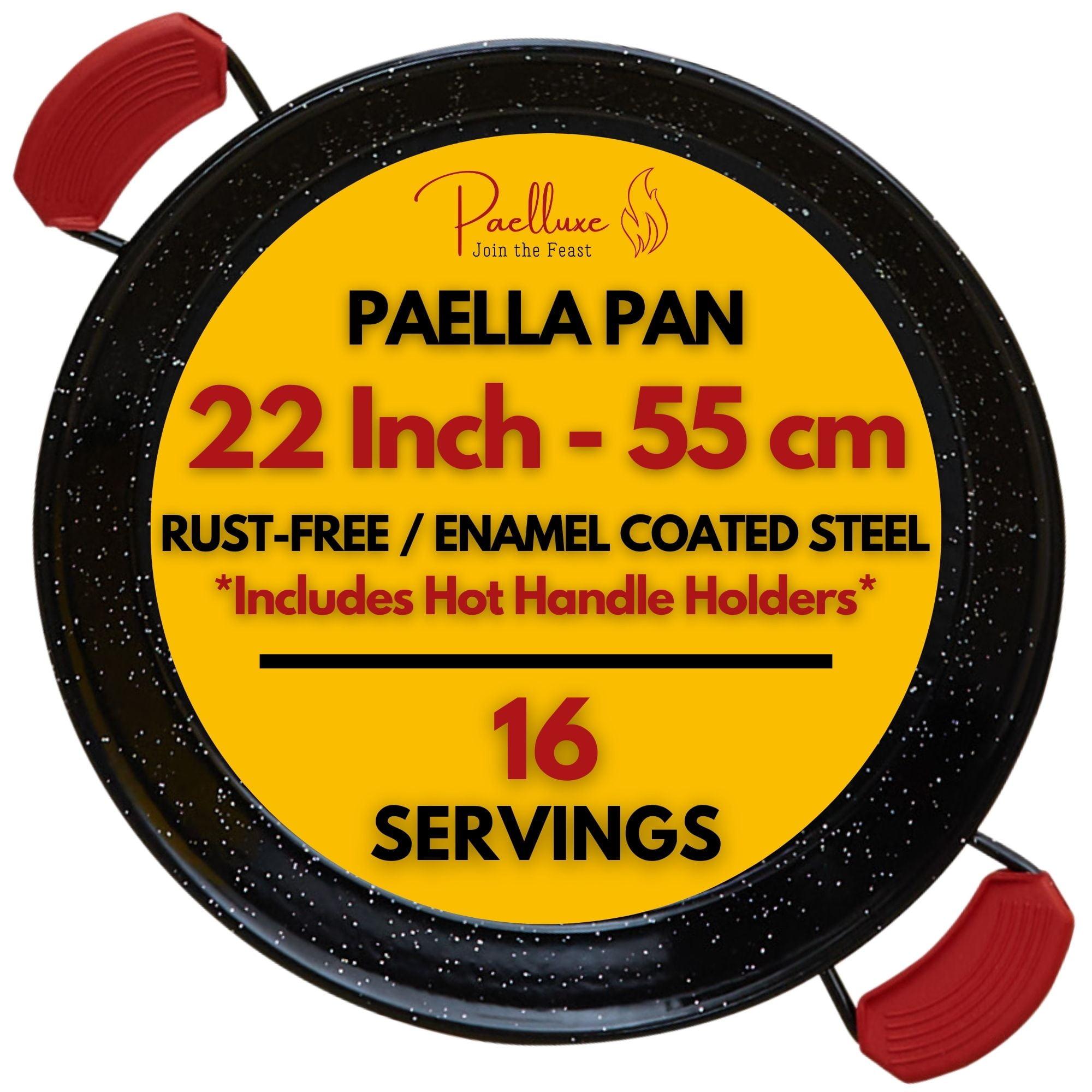 Paelluxe 22 Inch Paella Pan 16 Servings - Enamelled No Rust Easy to Clean Steel Pan Propane - Gas Burners for Cooking - Indoor & Outdoor Cooking Skillet - Cacerola Paellera Sarten - Mother's Day Gift