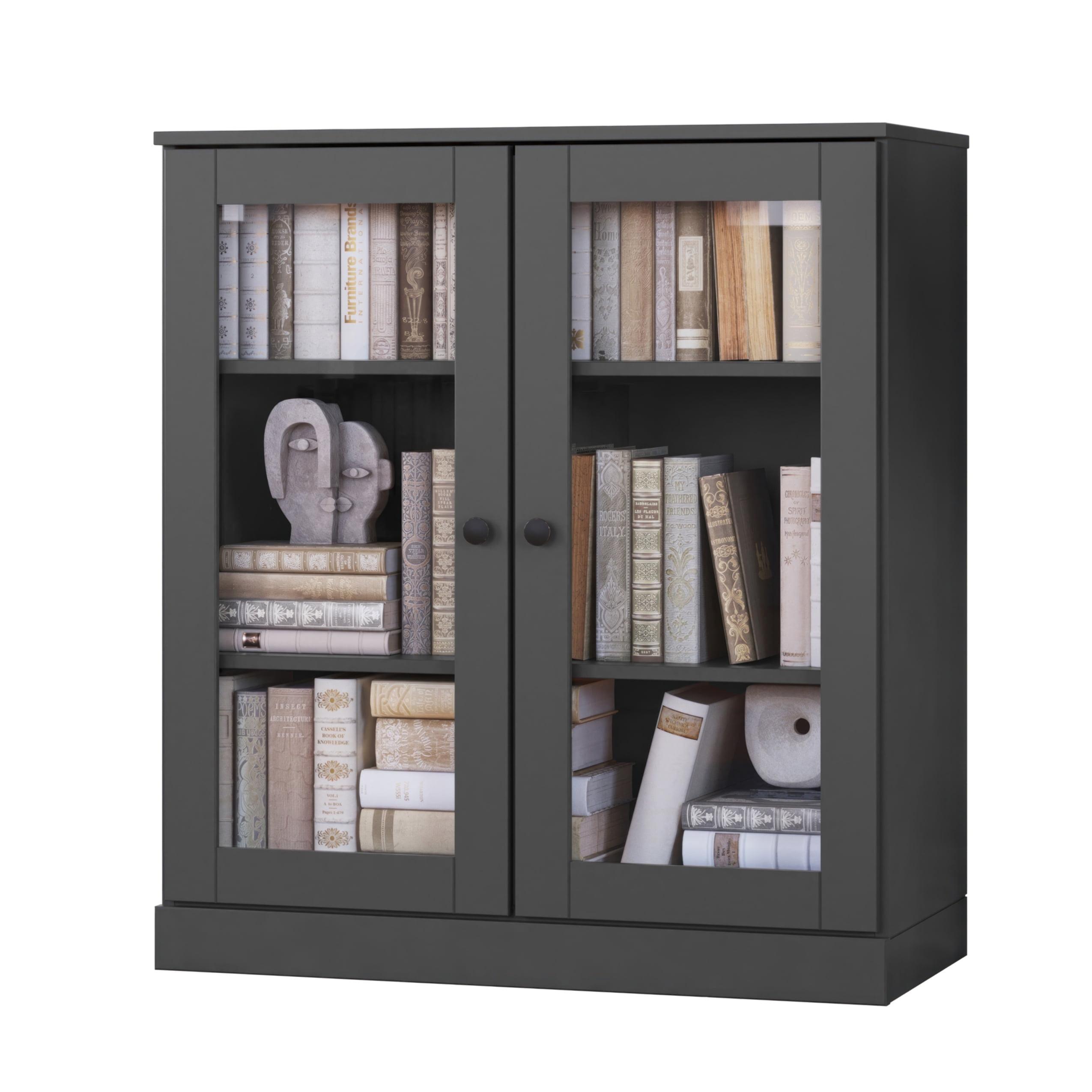 100% Solid Wood 3-Shelf Bookcase with Clear Glass Doors and Adjustable Shelves