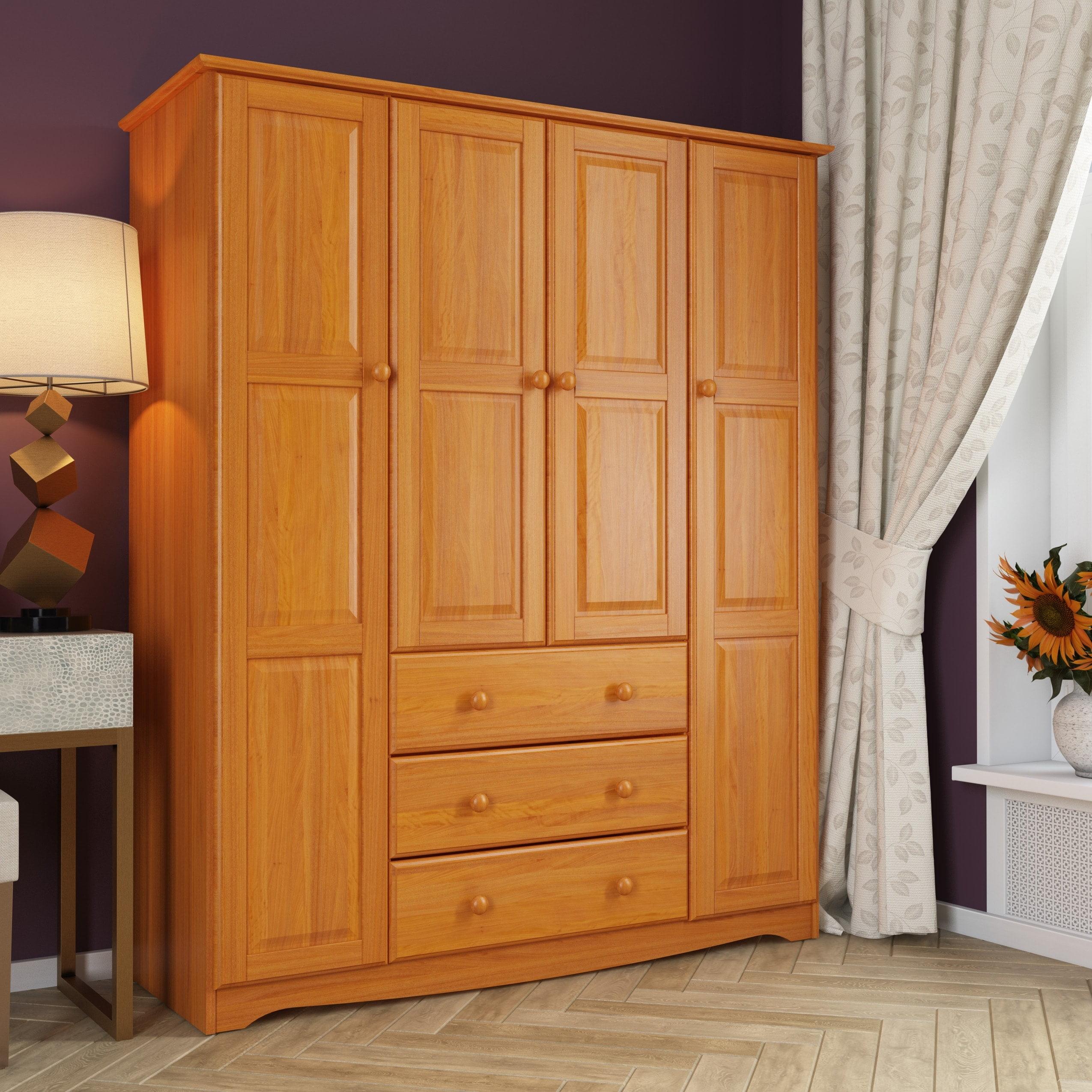 Palace Imports  100% Solid Wood Family 4-Door Wardrobe Armoire with Metal or Wooden Knobs Honey Pine
