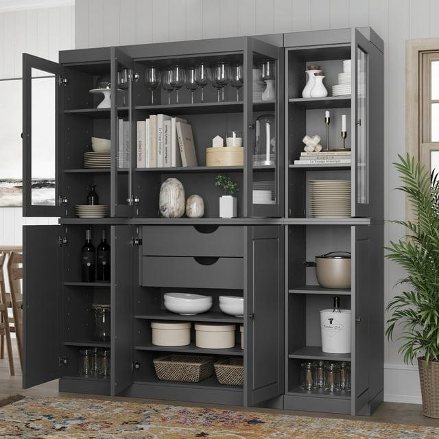 Pulcova 100% Solid Wood 65" Pantry Cabinet with Solid, Clear Glass Doors, 2-Drawers and Adjustable Shelves