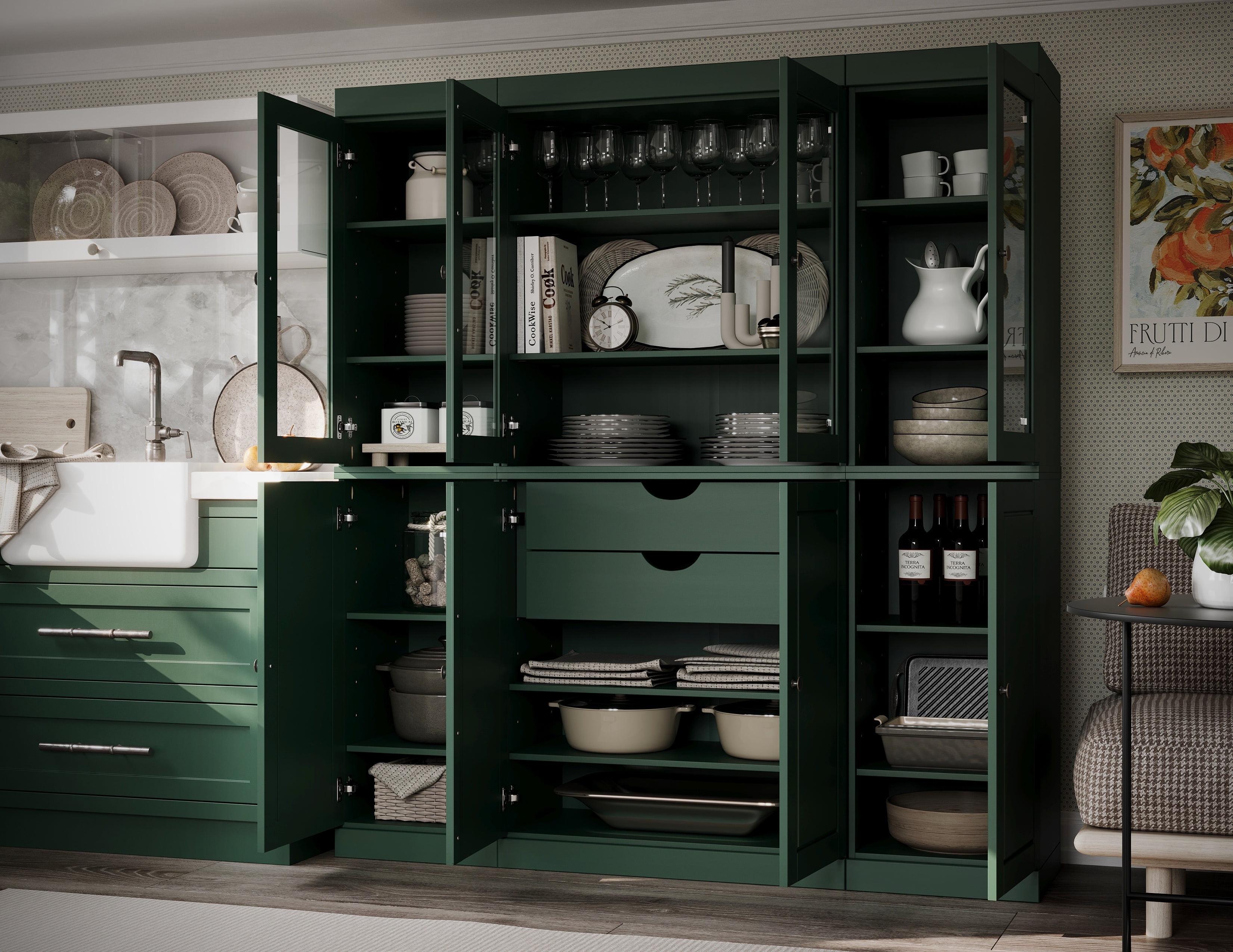 Palace Imports 100% Solid Wood Kitchen Pantry Storage Cabinet with Solid, Clear Glass Doors, Adjustable Shelves and 2-Drawers, Green