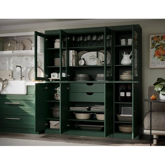 Palace Imports 100% Solid Wood Kitchen Pantry Storage Cabinet with Solid, Clear Glass Doors, Adjustable Shelves and 2-Drawers, Green