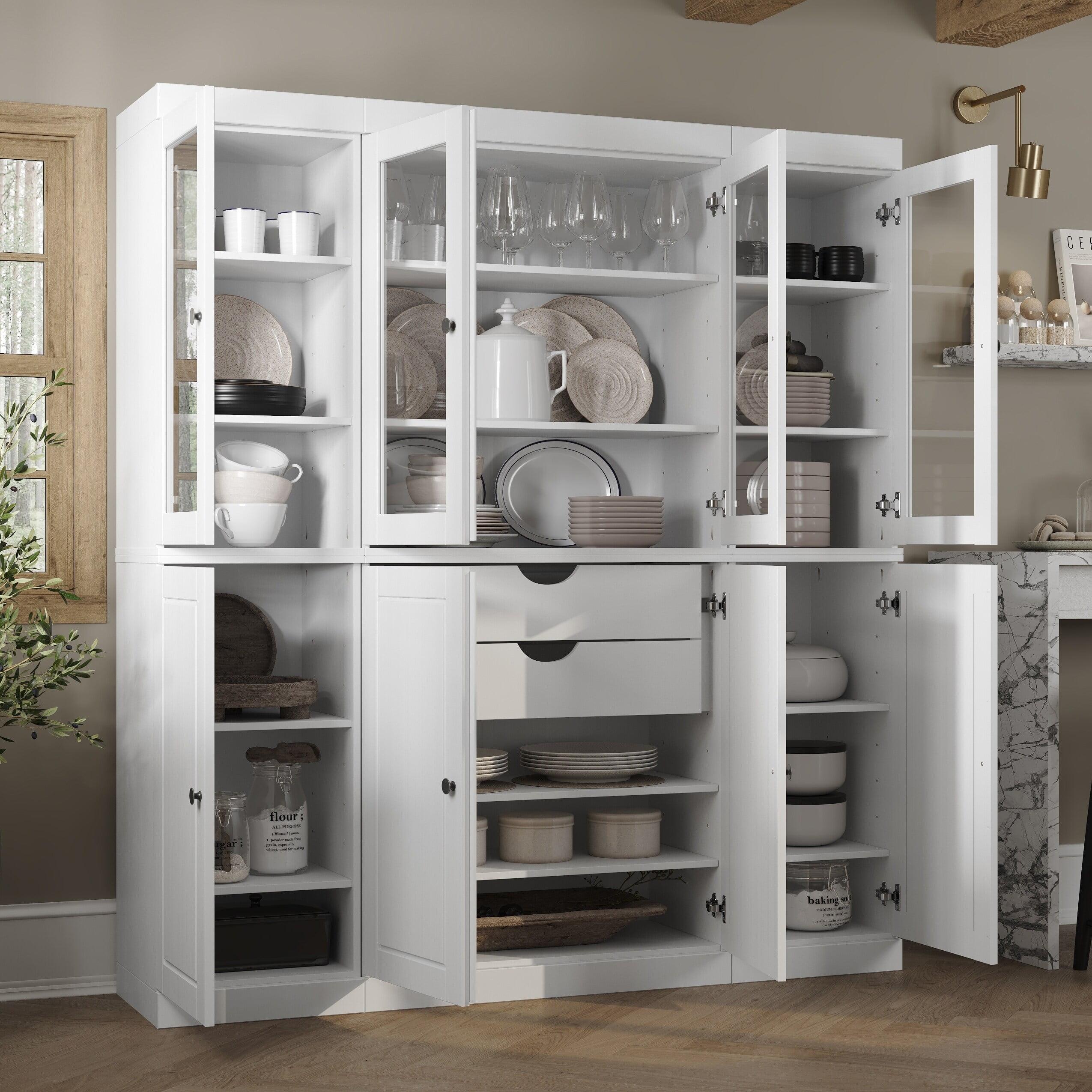 Pulcova 100% Solid Wood 65" Pantry Cabinet with Solid, Clear Glass Doors, 2-Drawers and Adjustable Shelves