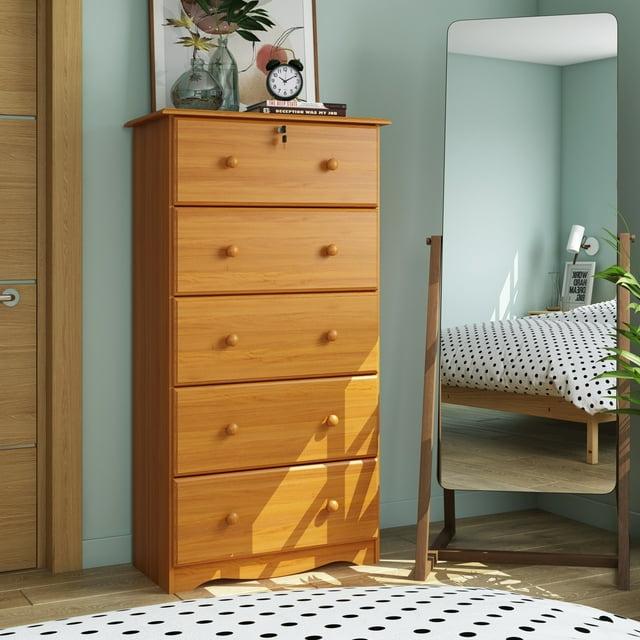 Palace Imports  100% Solid Wood 5-Jumbo Drawer Chest with Lock, Metal or Wooden Knobs Honey Pine Stained Medium Wood