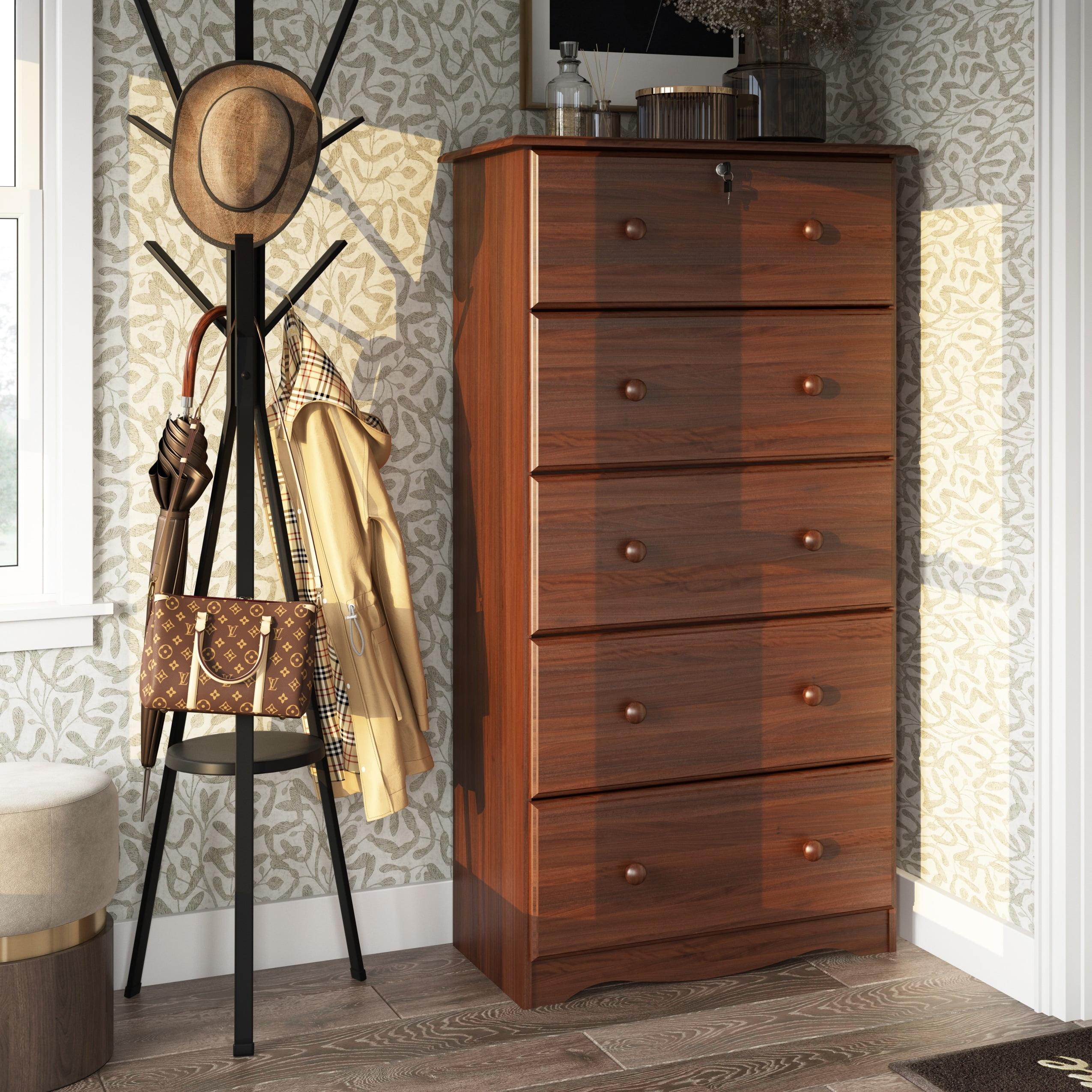 Mocha Solid Wood 5-Drawer Chest with Lock and Deep Drawers