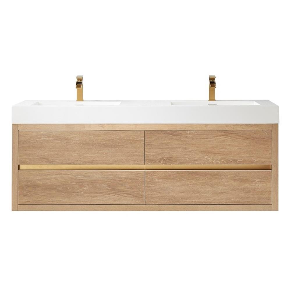 Palencia 60" Oak Double Sink Wall-Mount Vanity with White Top