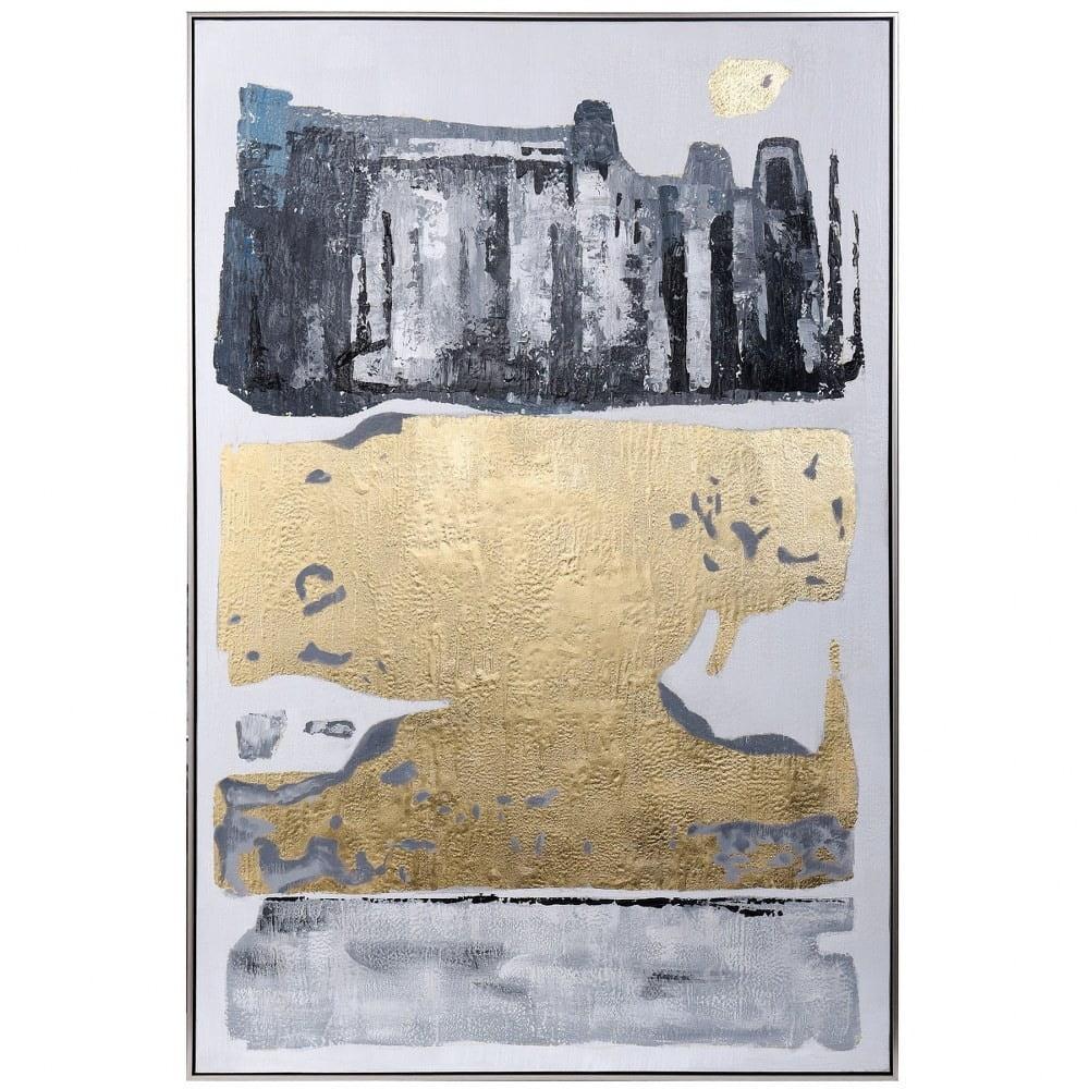 Gold and Gray Abstract Hand-Painted Canvas with Silver Frame