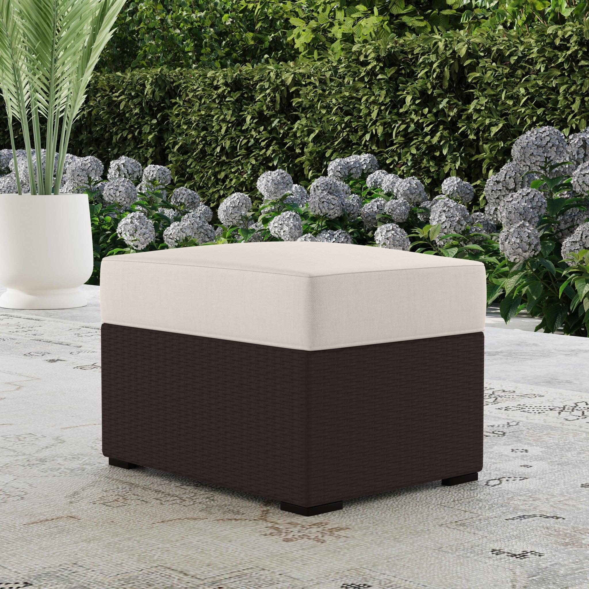 Palm Springs Brown Rattan Outdoor Ottoman with Ivory Cushion