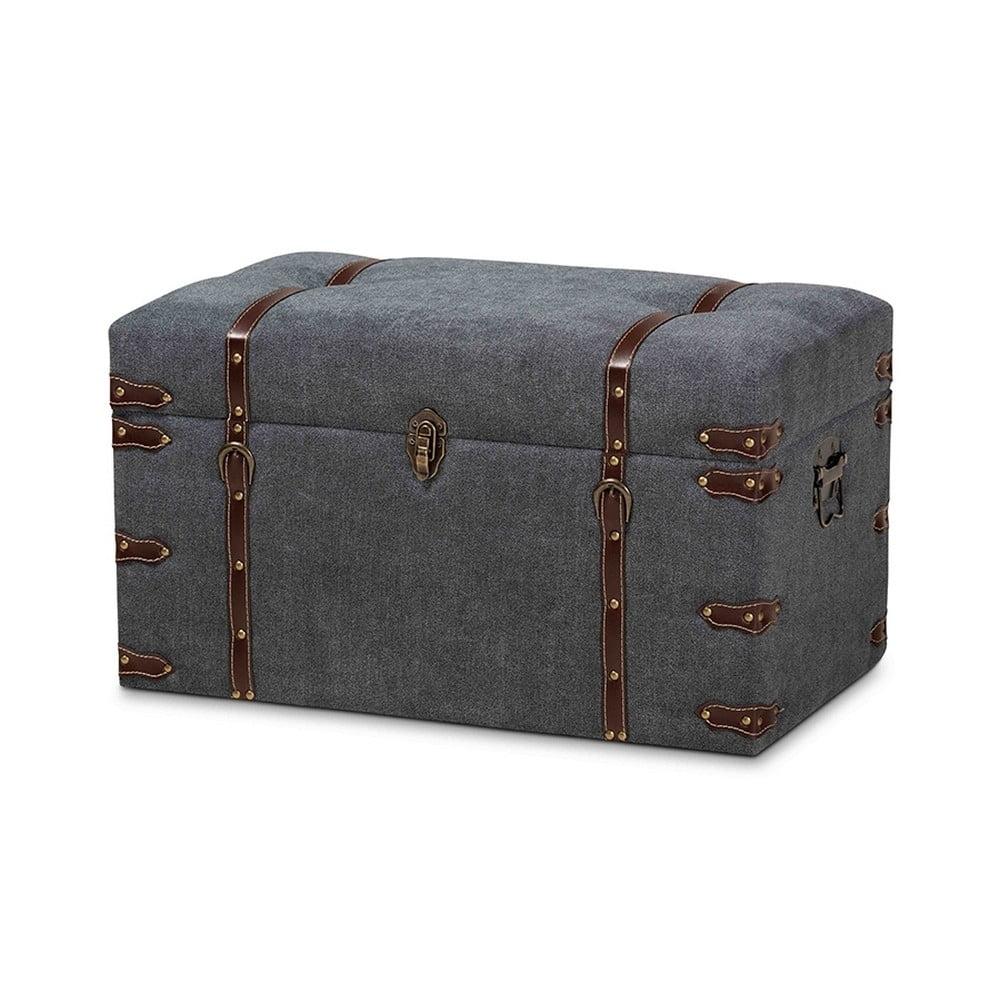 Palma Gray Fabric Upholstered Storage Trunk Ottoman with Brass Accents